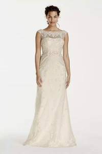 Melissa Sweet Illusion Ivory Hand-Beaded Lace Cap Sleeve Wedding Dress Sz 6 NWT - Picture 1 of 9