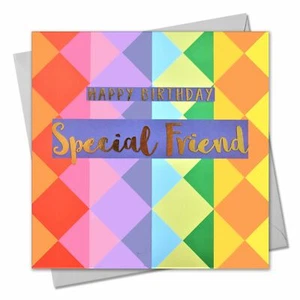 Birthday Card, Special Friend Colourful Triangles, text foiled in shiny gold - Picture 1 of 7