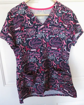 Med Couture Medical Scrub Top Size Small S/S Pockets Black/Pink Hope Ribbons - Image 1 of 4