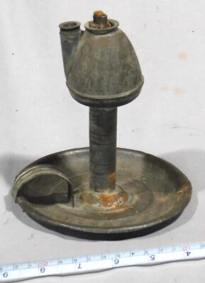 Antique early 19th century tin whale oil finger lamp grease double wick rat tail - Image 1 of 4