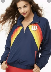Forever 21 X Wilson Striped Windbreaker Womens Medium Blue Quarter Zip Logo - Picture 1 of 8