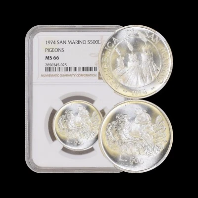 SAN MARINO. 1974, 500 Lire, Silver - NGC MS66 - Pigeons - Image 1 of 4