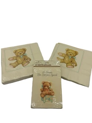 Vintage 80s Hallmark Baby Shower 8 Invitations Teddy Bear & 29 Luncheon Napkins - Image 1 of 4