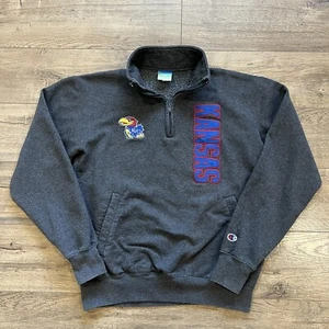 Champion Kansas Jayhawks Fleece Pullover 1/4 Zip Sweater Size Medium Gray - Picture 1 of 6