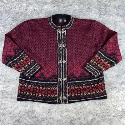 Skyr Nordic Women's Small Red Wool Fair Isle Sweater Cardigan Heart Hook Clasp - Image 1 of 4