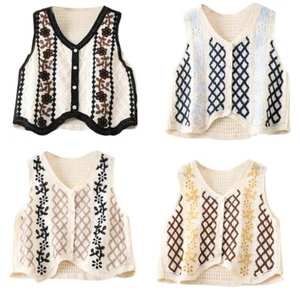 Sleeveless Crop Top Vest for Women Crochet Knit Diamond Plaid Button Up Cardigan - Picture 1 of 12
