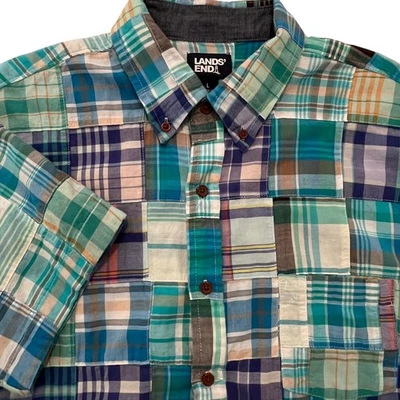 Lands' End Men's Madras Patchwork Short Sleeve Shirt Large 16-16 1/2 Blue Purple - Image 1 of 4