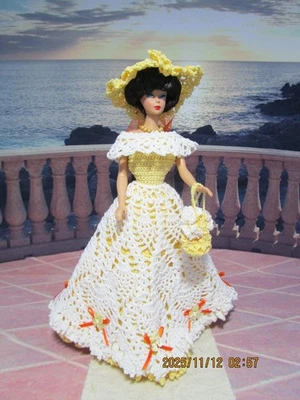 Barbie OOAK Handmade New Yellow  White Crochet Outfit Dress Hat Necklace Handbag - Image 1 of 4