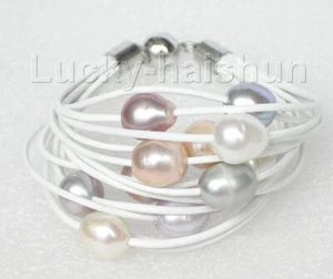 Fashion 8" 15row 14mm pink Gray purple FW pearls white leather bracelet j8816 - Picture 1 of 2