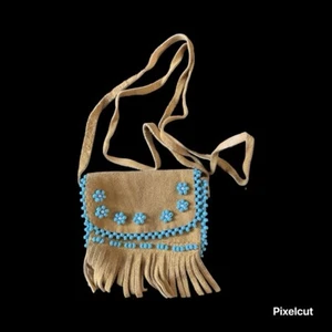 Vtg Canadian Native Deerskin & Turquoise Beads Medicine Handmade Bag - Picture 1 of 2