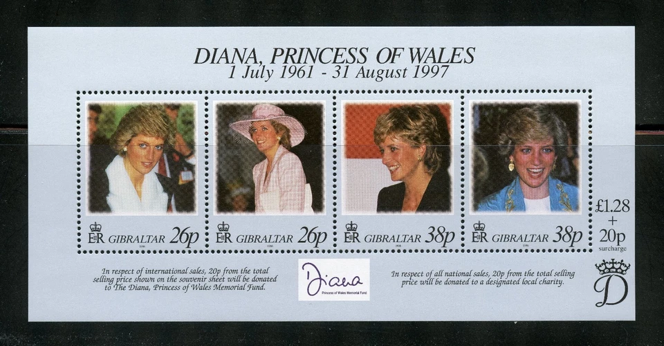 Лист из 4 полных марок Гибралтара с принцессой Дианой как новые без наклеек и следов No754 - Изображение 1 из 1