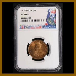British India 1/4 Anna, 1914 (C) Calcutta NGC MS 64 RB King George V - Picture 1 of 2