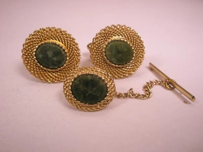 Juego de gemelos y tachuelas SWANK vintage de calidad de jade verde genuino Foto 1 de 4