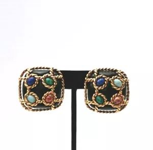 Vintage Chunky Diva goldfarben schwarz bunt Stein Clip Ohrringe Statement 80er - Bild 1 von 14