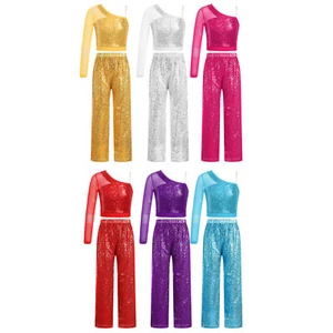 Kids Girls Dance Outfits Loose Dancewear Sequins Crop Top With Wide-Leg Pants - Picture 1 of 69