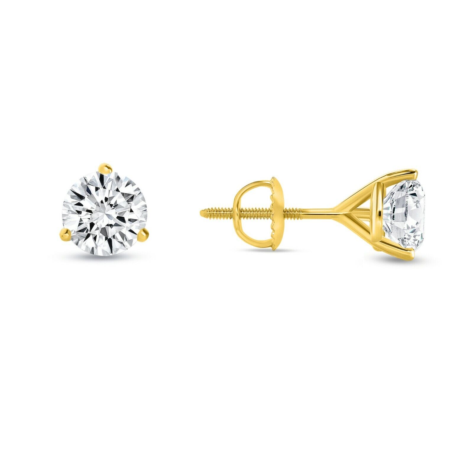 4 Ct Round Real 18K Yellow Gold Simulate Diamond Earrings Studs Basket ScrewBack