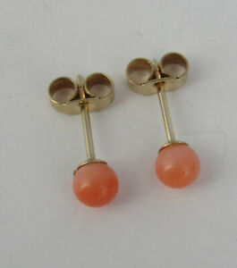 Pair of 9ct Gold & Pink Coral Stud Earrings, Pierced Ears