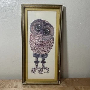 Vintage 1970er Glenn Heath großäugige Eule gerahmter Druck MCM skurrile Kunst 6,5 "x 13" - Bild 1 von 11