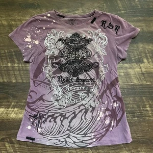 Rebel spirit Grunge Y2K Affliction Style Size AOP Purple Baby Shirt Large - Picture 1 of 10