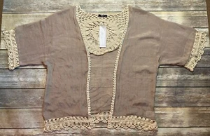 NWT GEEGEE Women's Short Sleeve Open Front Tan Crochet Short Kimono Size M/L - Picture 1 of 3