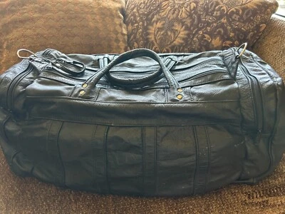 BlK Leather Patchwork Duffle Bag Overhead Travel Vintage 27"x12" Made Mexico,$50 - Image 1 of 4