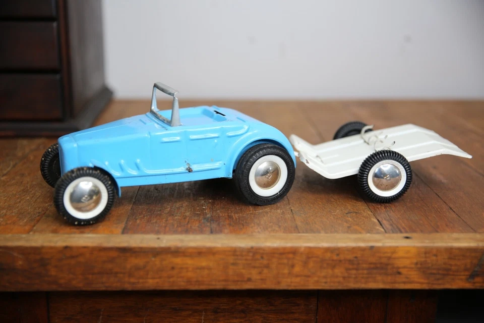 Ford Roadster Buddy L Pressed Steel Toy Hotrod White Motorcycle Trailer Vintage - Image 1 of 4