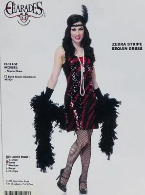 Zebra Stripe Sequin Flapper Dress Pink Black Fancy Dress Halloween Adult Costume - Image 1 of 2