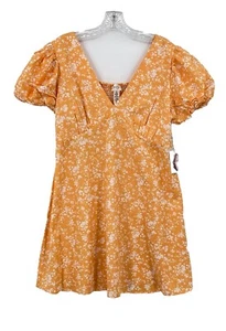 Jessica Simpson Linen Blend Short Dress XL Orange Floral Puff Sleeve NWT - Picture 1 of 7