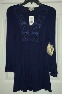 New ONE WORLD 3/4 Sleeve Embellished Stretch Top Tunic Blouse M Navy Blue NWT - Picture 1 of 4