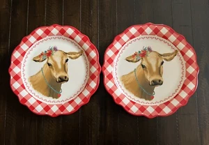 Pioneer Woman Red Gingham Check Farm COW 8.75” Salad Dessert Plate Set Of 2 - Picture 1 of 5