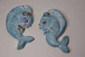 vtg 1950s Blue Chalkware Fish Wall Plaques – Rhinestone Eyes – Retro Bathroom - Picture 1 of 9