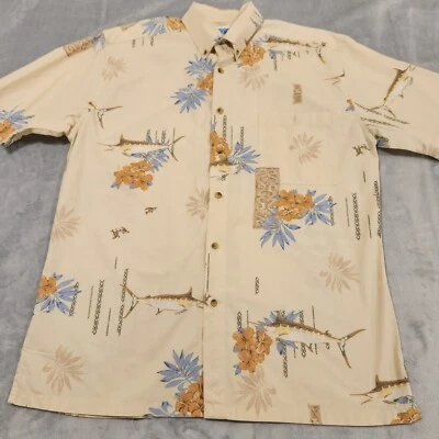 Hook & Tackle Mens Hawaiian Style Shirt Size L Cream/Tan/Blue Colors Button Down - Image 1 of 4