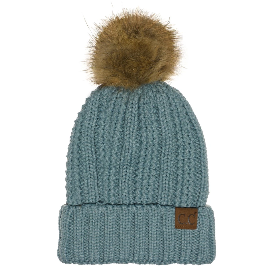 C.C YJ820 - Thick Cable Knit Hat Faux Fur Pom Pom Fleece Lined Cuffed Beanie - Image 1 of 1