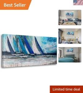 Blue Abstract Wall Art Canvas Teal Ocean Sailboat Picture Modern Turquoise Co... - Picture 1 of 7