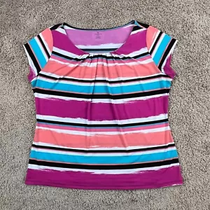 WORTHINGTON Womens Pink Striped Scoop Neck Tee 1X Short Cap Sleeves - Picture 1 of 13