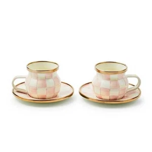 MacKenzie Childs CUP AND SAUCER SET ESPRESSO ROSY PINK COURTLY CHECK BRAND NEW - Picture 1 of 4