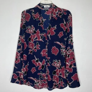 Blusa Express Portofino Ajustada Grande Azul Marino Rosa Floral Abotonada Top Camisa de Trabajo - Imagen 1 de 7
