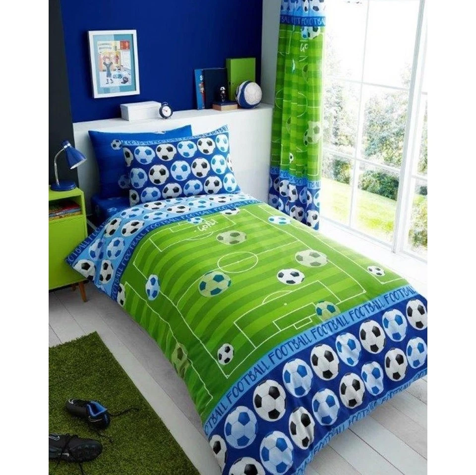 JUEGO DE CAMA DE EDREDÓN FUNDA DE EDREDÓN PARA NIÑOS DE FÚTBOL CAMA INDIVIDUAL VERDE AZUL Foto 1 de 1