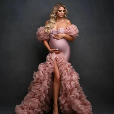  Mermaid Maternity Dresses for Off Shoulder Ruffles Pregnant Women Evening Gowns - Image 1 of 4
