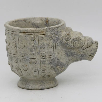 Cultura oriental china, taza de jade tallada con cabeza de bestia de granos, le C959 Foto 1 de 4