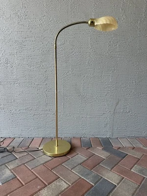 Vintage Art Deco MCM Brass Industrial Gooseneck Clam shell Pharmacy Lamp Glass - Image 1 of 4