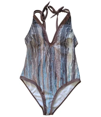 Unbranded Swimsuit Woman Medium Brown Blue Geometric Trim Accents Deep Neckline - Image 1 of 4