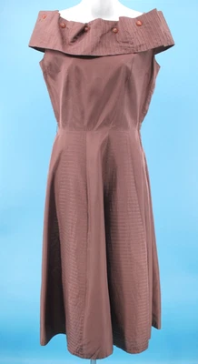 复古女式 50 年代灰褐色船领连衣裙带可拆卸衣领 XS/S 1950 年代 — 第 1/4 张图片