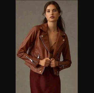 New women's XXS Anthropologie The Saige faux-leather moto jacket brown - Picture 1 of 10