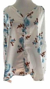 White V-neck Floral Blouse (Aqua Flowers) - Medium - NWT - Picture 1 of 13