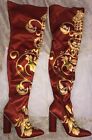 Brand New - Over The Knee - High Heel Boots - Red &amp; Gold Flower Boots