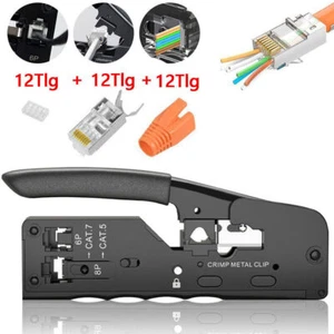 RJ45 Crimpzange + 12 Cat7 Stecker Set Netzwerk Werkzeug Lan Kabel Zange Cat 7 /6 - Afbeelding 1 van 7