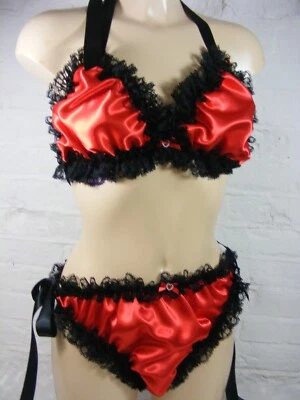 Conjunto de bragas sujetador satinado rojo sissy ropa interior top lencería bragas HOMBRE O mujer Foto 1 de 4