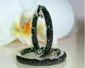 2Ct Round Cut Lab Created Black Diamond Hoop Earrings 14K White Gold Finish - Picture 1 of 6