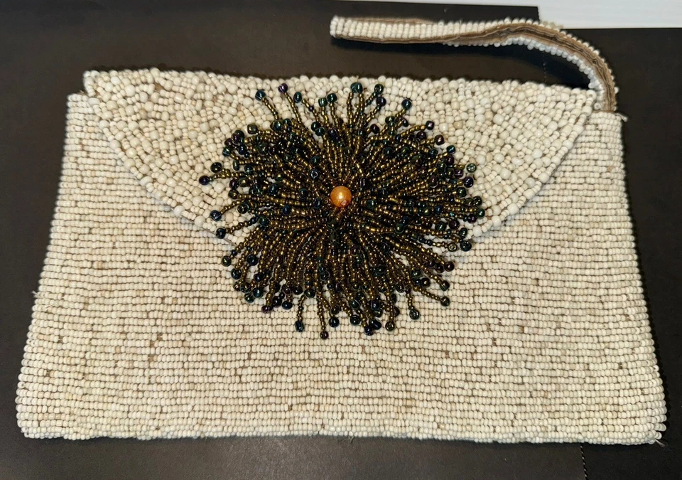 Vintage Heavy glass White Seed Bead Evening Bag With Large Flower & Pearl - Image 1 of 4